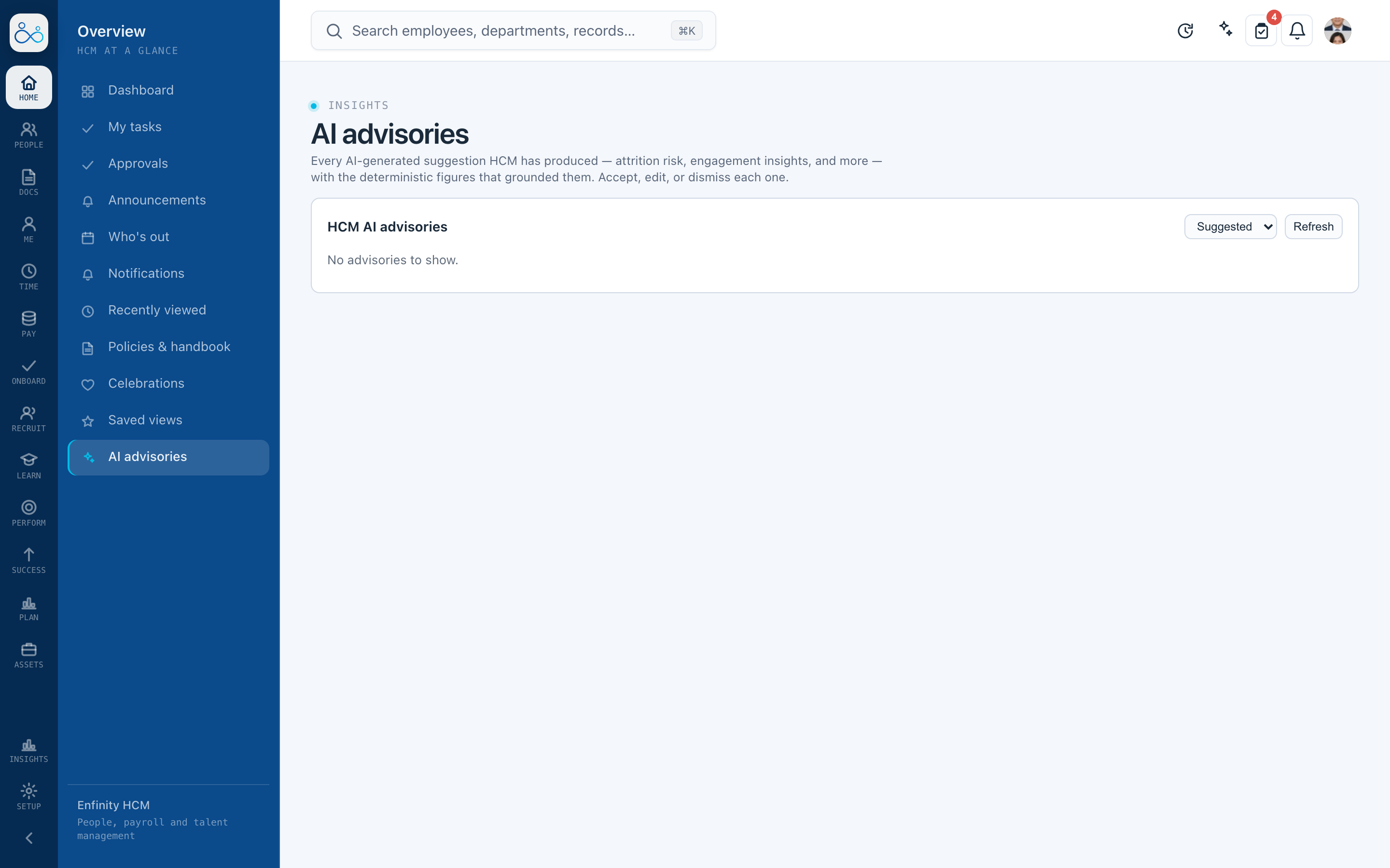 Enfinity HCM AI advisories showing an attendance exception and review action