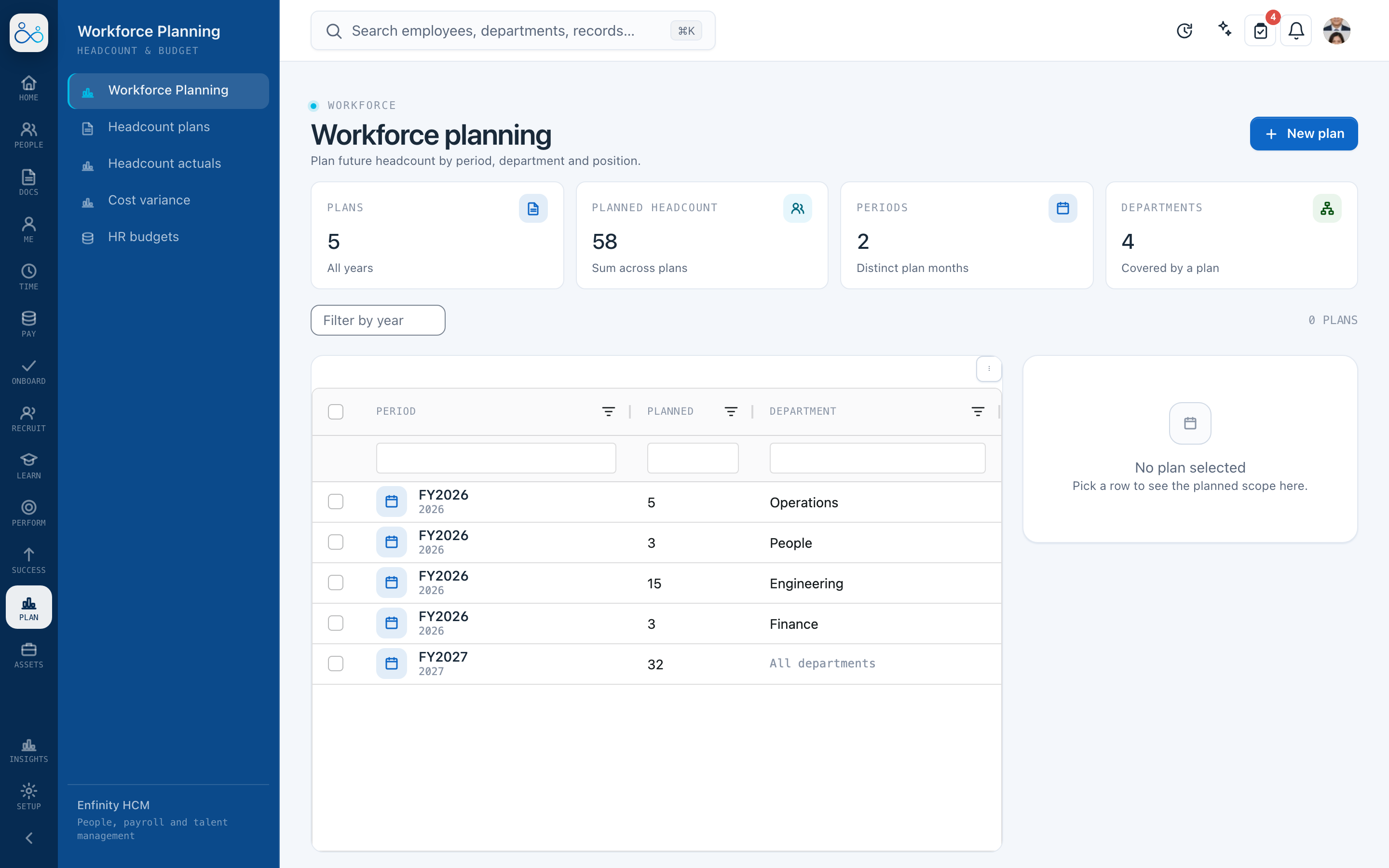 Enfinity HCM workforce planning workspace showing a planning dashboard with employee and position context.